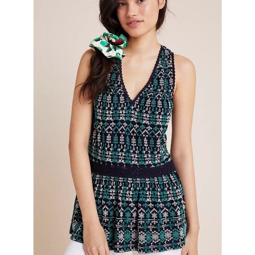 Maeve Anthropologie Top Cammie Peplum Green Blouse Embroidered Sleeveless SP NEW